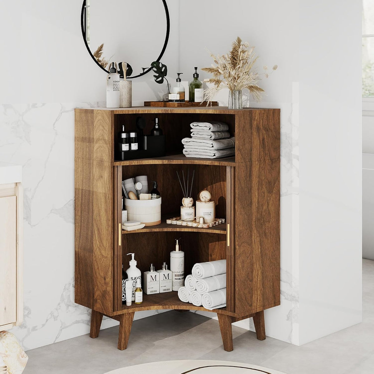 Fluted Corner Cabinet with Open Storage, Modern Floor Cabinets with Sliding Doors and 2-Tier Shelves, Freestanding Narrow Organizer for Small Space,Living Room, Dining Room,Walnut