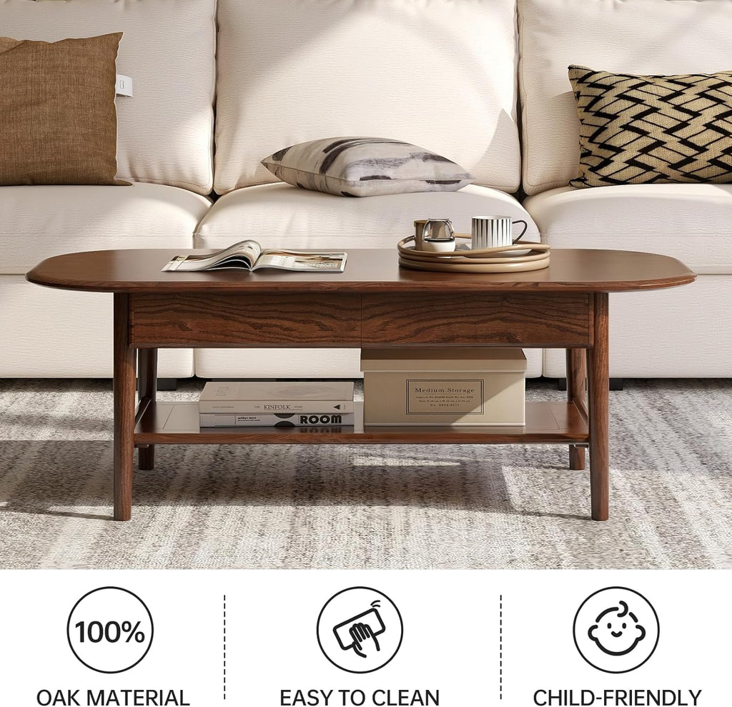 100% Solid Oak Wood Coffee Table for Living Room, 2-Tier Mid-Century Modern Table with 2 Drawers & Open Shelf, Living Room Table with Rounded Corner for Home (Oak Walnut Finish, 47.24'' W)