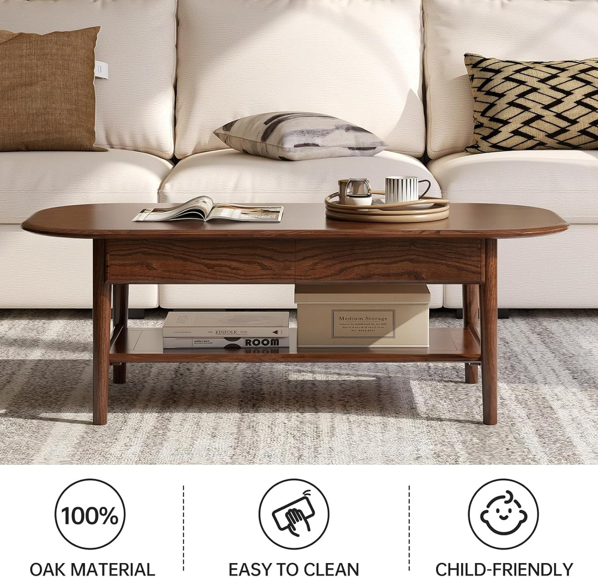 100% Solid Oak Wood Coffee Table for Living Room, 2-Tier Mid-Century Modern Table with 2 Drawers & Open Shelf, Living Room Table with Rounded Corner for Home (Oak Walnut Finish, 47.24'' W)