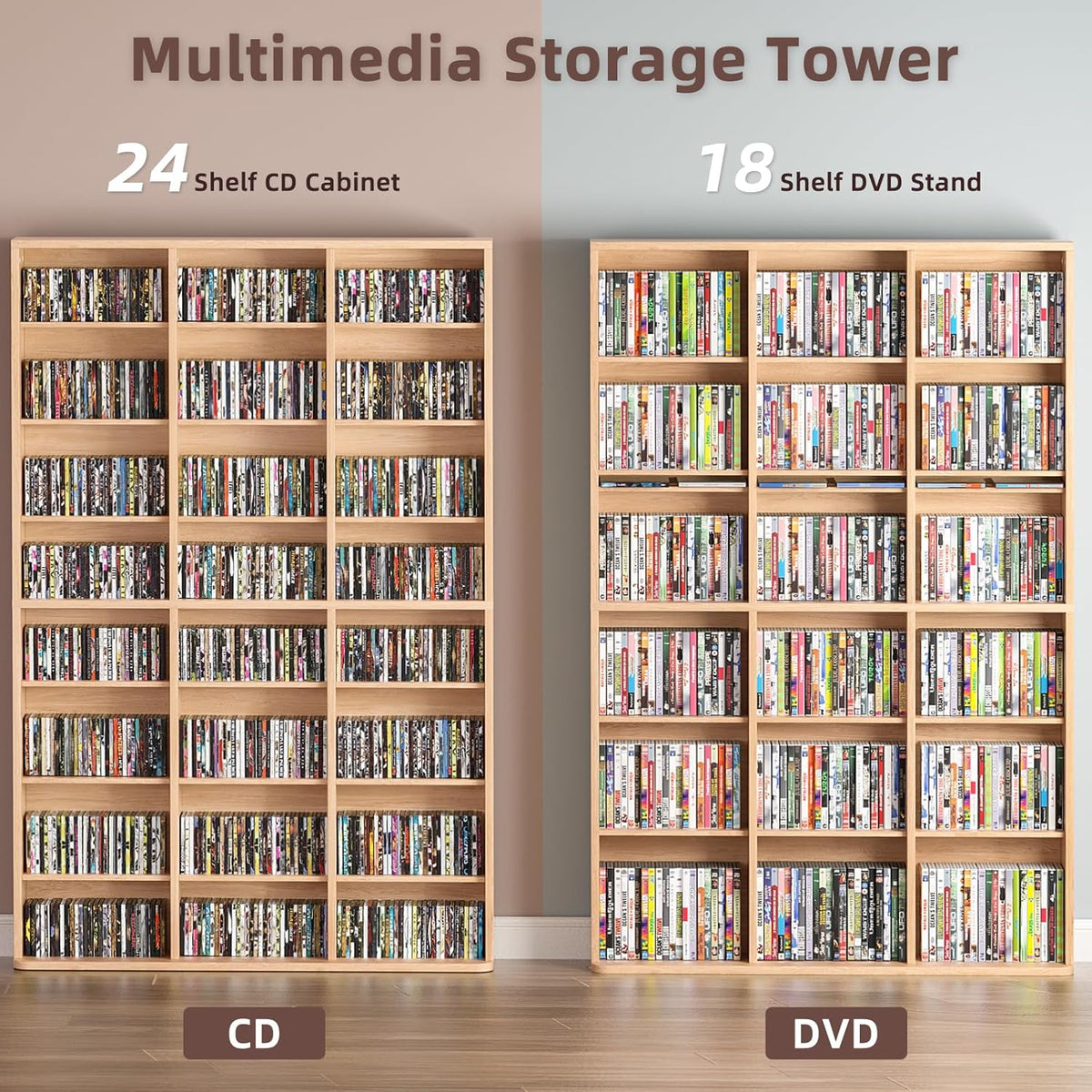 8 Tier Tall Display Cabinet, Natural Media Storage Cabinet with Adjustable Shelves, Free Standing DVD Organizer Shelf, Floor multimedia storage manga bookshelf for Living Room & Home Office.