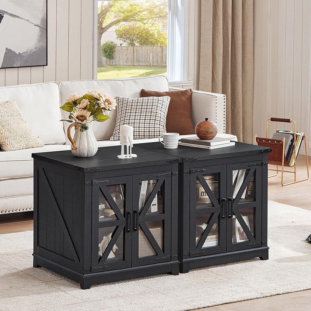Joaxswe Farmhouse End Table with Charging Station Set 2, 24' Large Sofa Side Table with Glass Barn Door, Nightstand with Adjustable Storage Shelf,Wood Square Bedside Table for Living Room,Bedroom