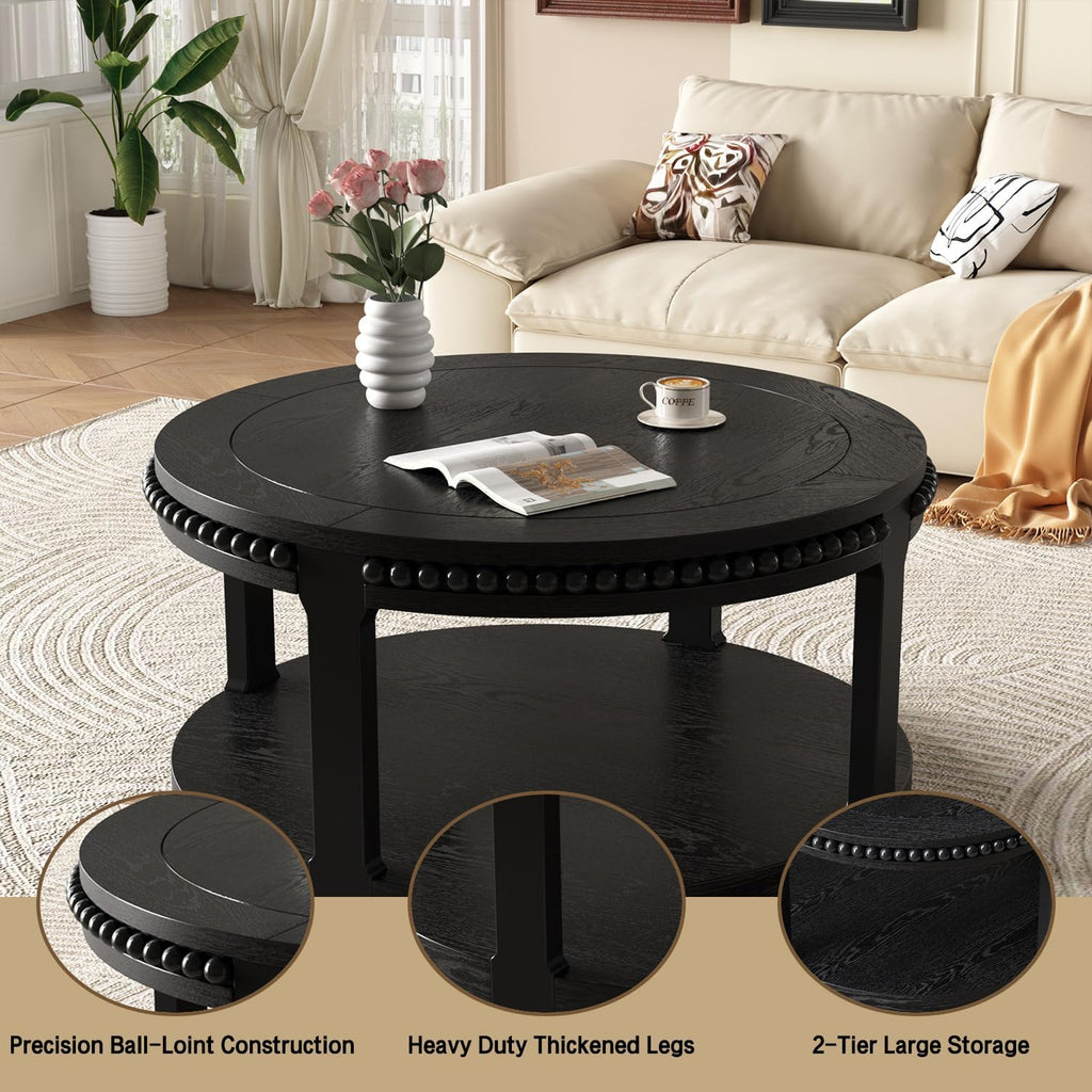 Round Coffee Table for Living Room 31.5' W Small Coffee Tables with Storage Shelf 2-Tier Modern Design Industrial Circle Wood Center Home Furniture Apartment Office Black