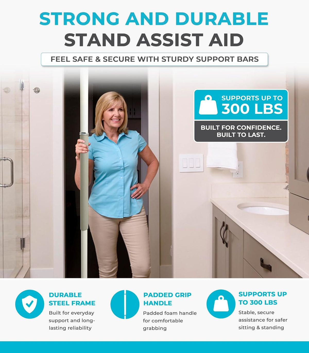 Stander Wonder Pole Slim, Tension Mounted Security-Pole, Elderly Floor to Ceiling Transfer-Pole for Seniors, Bathroom Grab Bar Stability Rail with Padded Handle, White