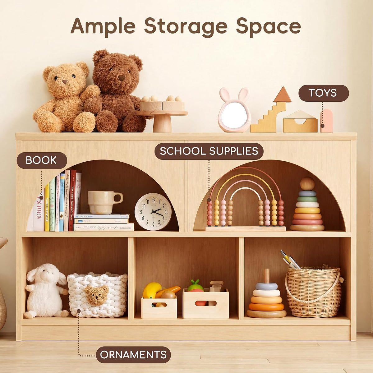 Fatmok 2-Shelf Bookcase, Arched Design Wooden Toy Storage Organizer and Storage for Books Toys, 5-Section Montessori Bookshelf for Kids Rooms, Playroom, Nursery, Kindergarten (Natural)