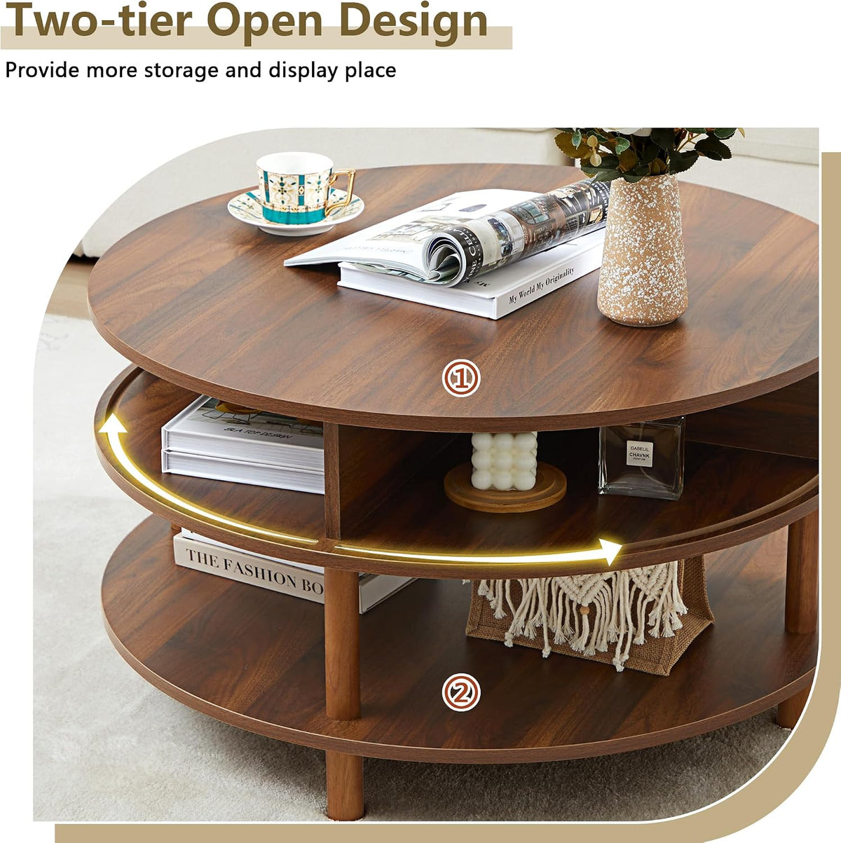 XUZENEST 31.5' Round Coffee Table with Storage, Mid Century Modern 2 Tier Coffee Table with Tambour Sliding Door, Solid Wood Legs Fluted Center Table for Living Room Home Office Small Space, Walnut