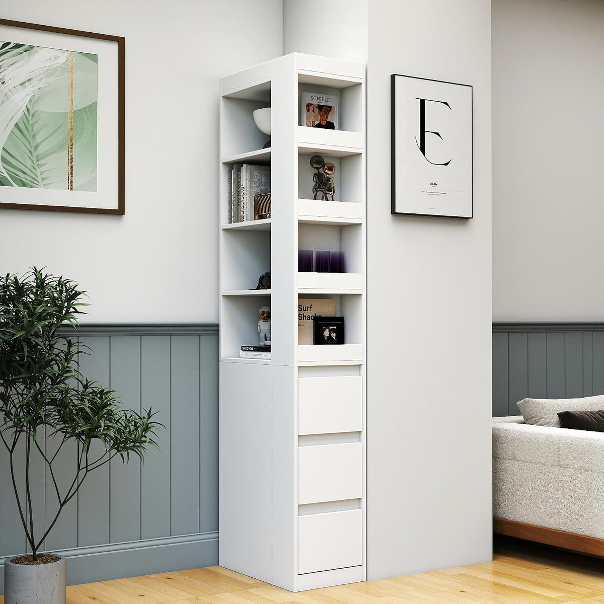 70.87' H Display Storage Cabinet, Narrow Wooden Corner Cabinet with 8-Tier Shelves and 3 Side Drawers, Tall Bookshelf and Bookcase for Living Room Home Office, White