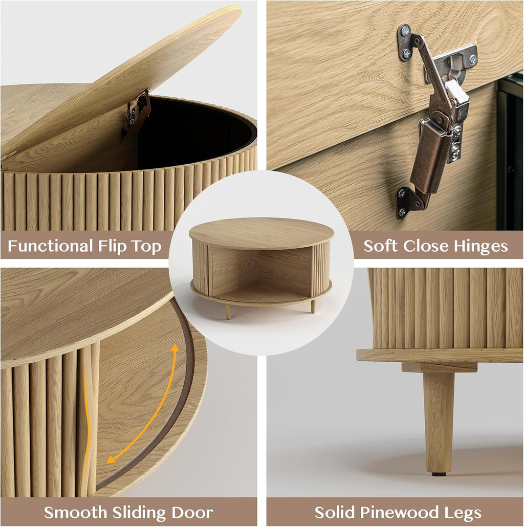 Jiansu furni Round Coffee Table with Storage, 31.5' Natural Oak Drum Table for Small Space, Fluted Wood Center Table with Hidden Compartment, Modern Farmhouse Furniture for Living Room Organization