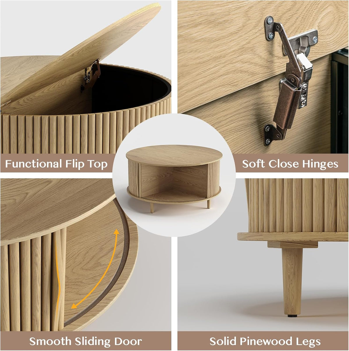 Jiansu furni Round Coffee Table with Storage, 31.5' Natural Oak Drum Table for Small Space, Fluted Wood Center Table with Hidden Compartment, Modern Farmhouse Furniture for Living Room Organization