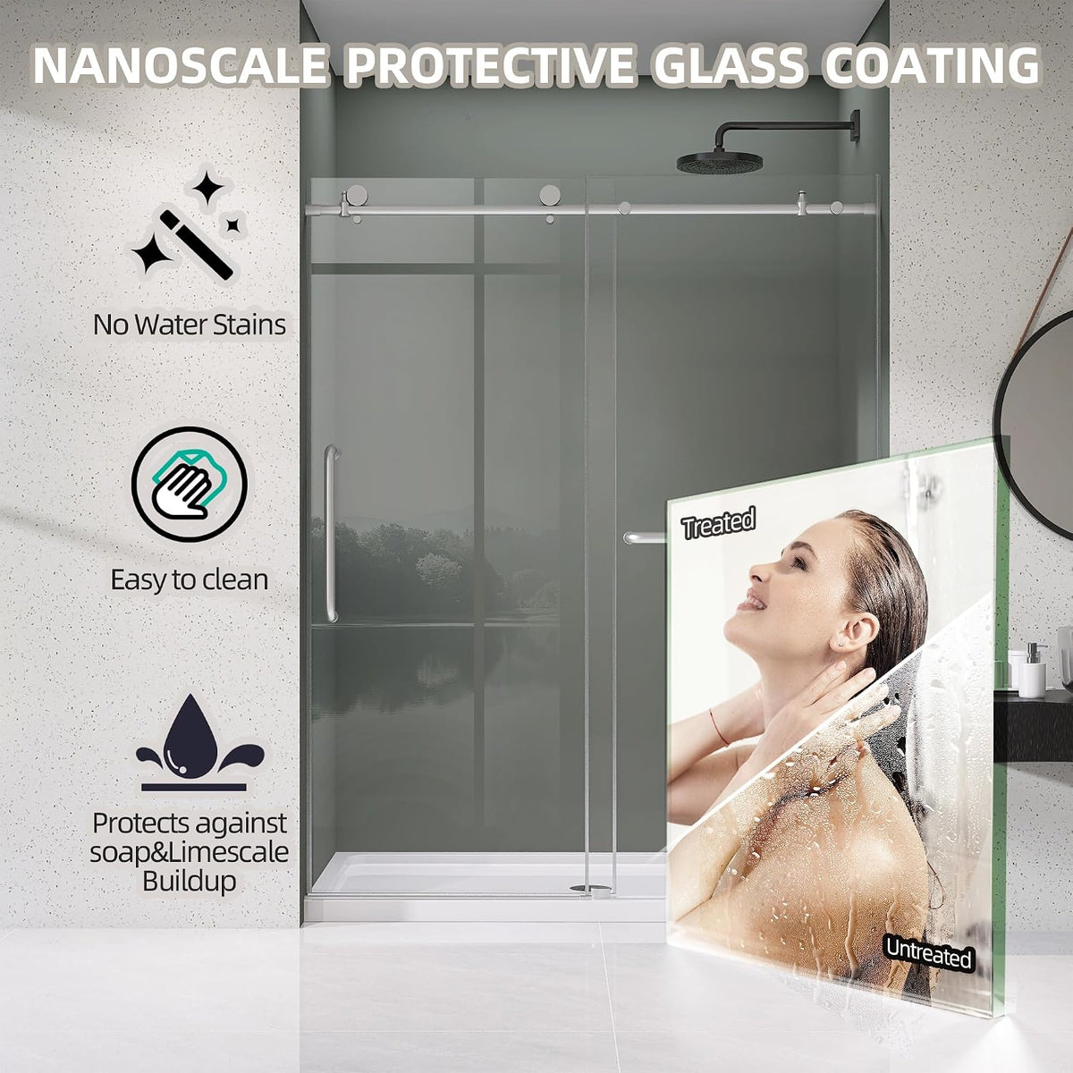 Frameless Shower Door 56-60' W x 75' H Single Sliding Shower Glass Doors for Walk-in Bathroom 1/4' Clear Easy Clean Glass Extra Tall Modern Bathroom Doors in Brushed Nickel