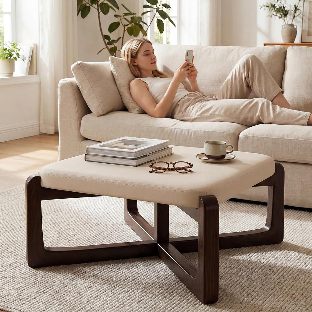 Faux Leather Square Coffee Table Ottoman,24' Coffee Table for Living Room Ottoman,Ash Wood Living Room Table,Small Footstool (Beige)