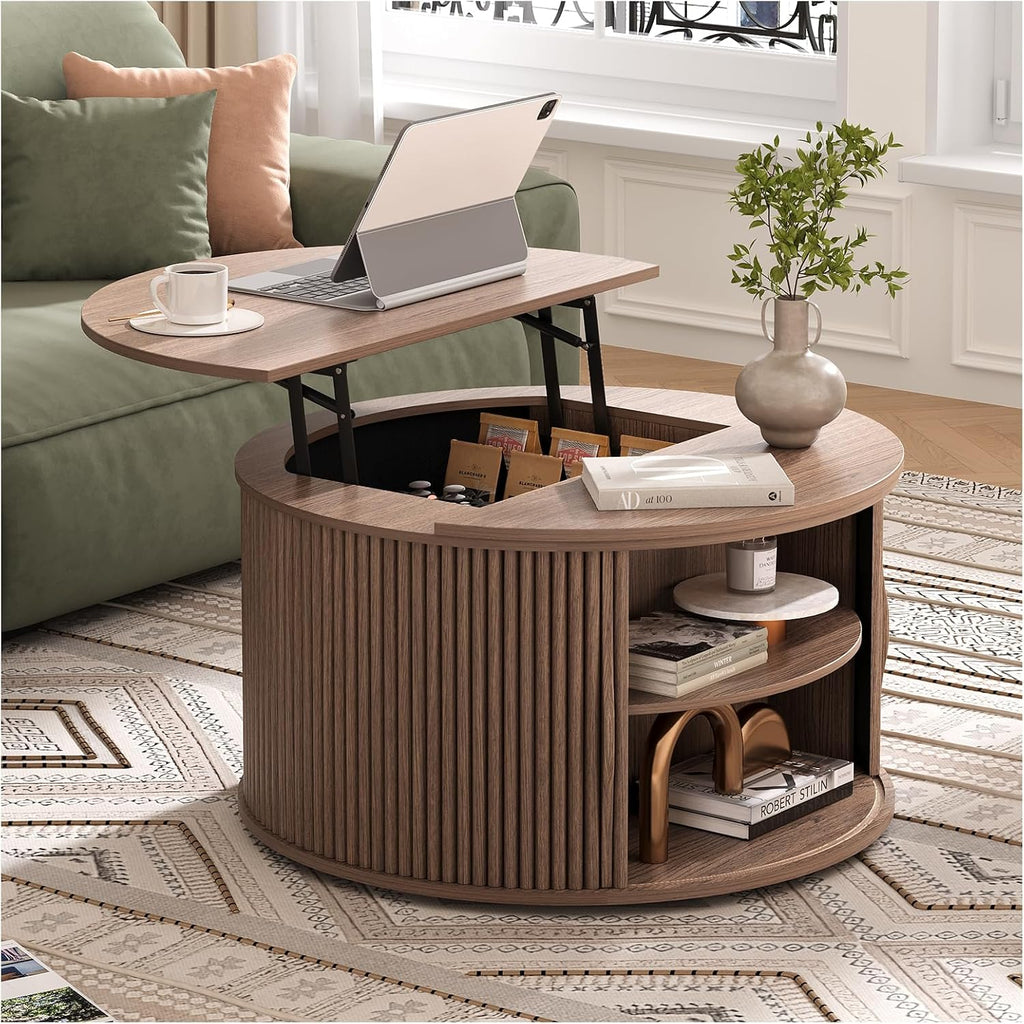 Jiansu furni 31.5'Coffee Table with Lifting Top,Mid Century Modern Coffee Table with Sliding Door & Hidden Storage,Small Center Table for Living Room,Walnut
