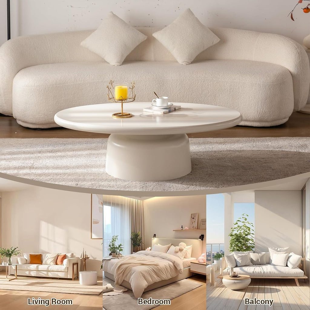 White Oval Coffee Table Modern Circle Center Table Circular Coffee Tables with Stable Pedestal, for Living Room, Bedroom, Farmhouse Outdoor Patio (Oval Coffee Table)