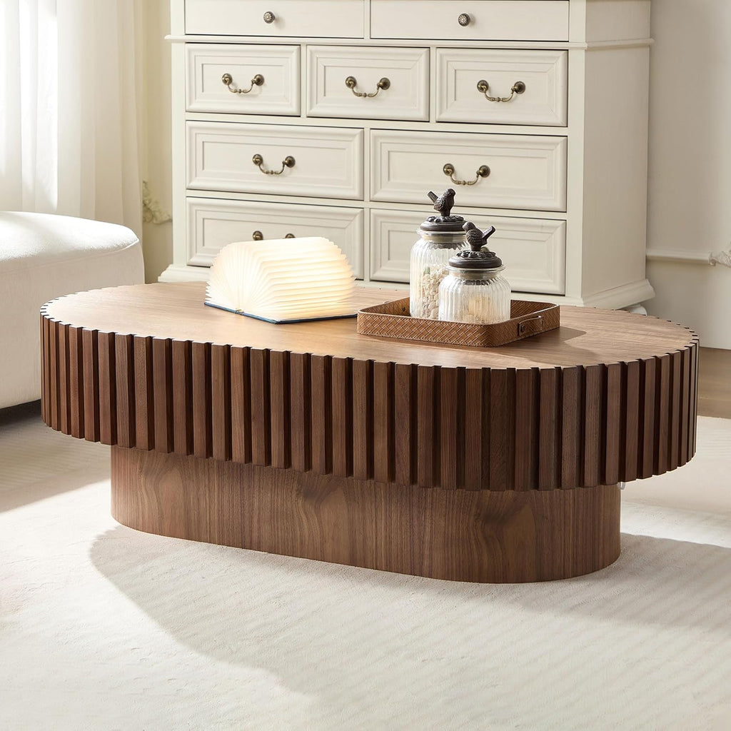 JUSTONE 43.7-Inch Oval Coffee Table, Farmhouse Solid Wood Drum Shape with Hand-Carved Relief, Living Room Apartment Décor, Walnut Finish, 43.7' L x13.7 H