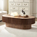 JUSTONE 43.7-Inch Oval Coffee Table, Farmhouse Solid Wood Drum Shape with Hand-Carved Relief, Living Room Apartment Décor, Walnut Finish, 43.7' L x13.7 H
