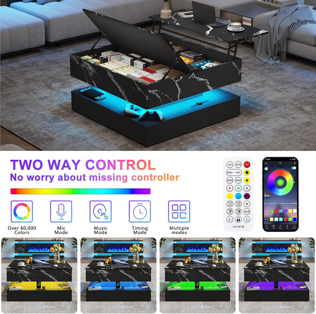35.4' Large Square Coffee Table with Lifting top,Charging Station,Modern 2-Tier Square Center Table w/Hidden Compartment Storage,Tea Table with Wood Grain for Living Room, Office,Black Marble
