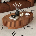 LKTART Oval Drum Coffee Table Handcrafted Relief Sturdy Pedestal Wooden Olive-Shaped Tea Table for Living Room,Brown,43''L×25''W×14''H