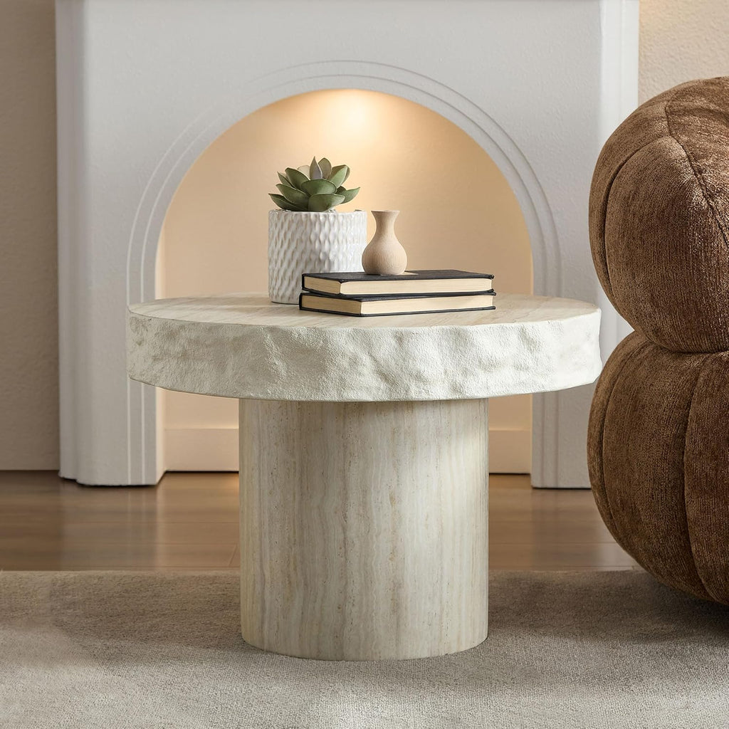 Faux Stone Round Coffee Table Set of 2 for Living Room, Modern Mid-Century Retro Pedestal Coffee Table, Fiberglass Material & Mars Textural Patterns, No Assembly, Beige
