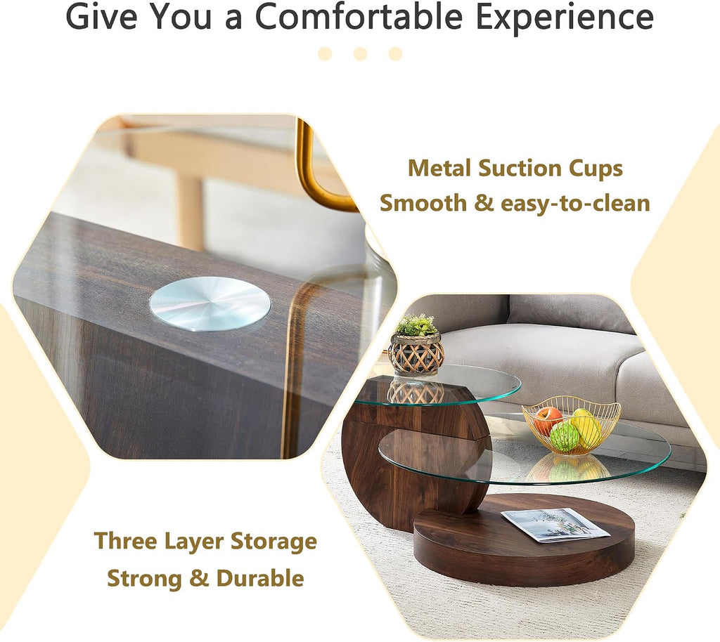 42' Glass Coffee Table｜Oval Coffee Table｜3-Tier Design with Oval Tempered Glass Tabletop｜Dark Wood Wooden Base｜Large Storage Space｜Smooth Edge｜Ideal for Living Room｜Easy Assembly