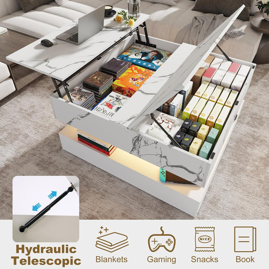 35.4' Large Square Coffee Table with Lifting top,Charging Station,Modern 2-Tier Square Center Table w/Hidden Compartment Storage,Tea Table with Wood Grain for Living Room, Office,White Marble