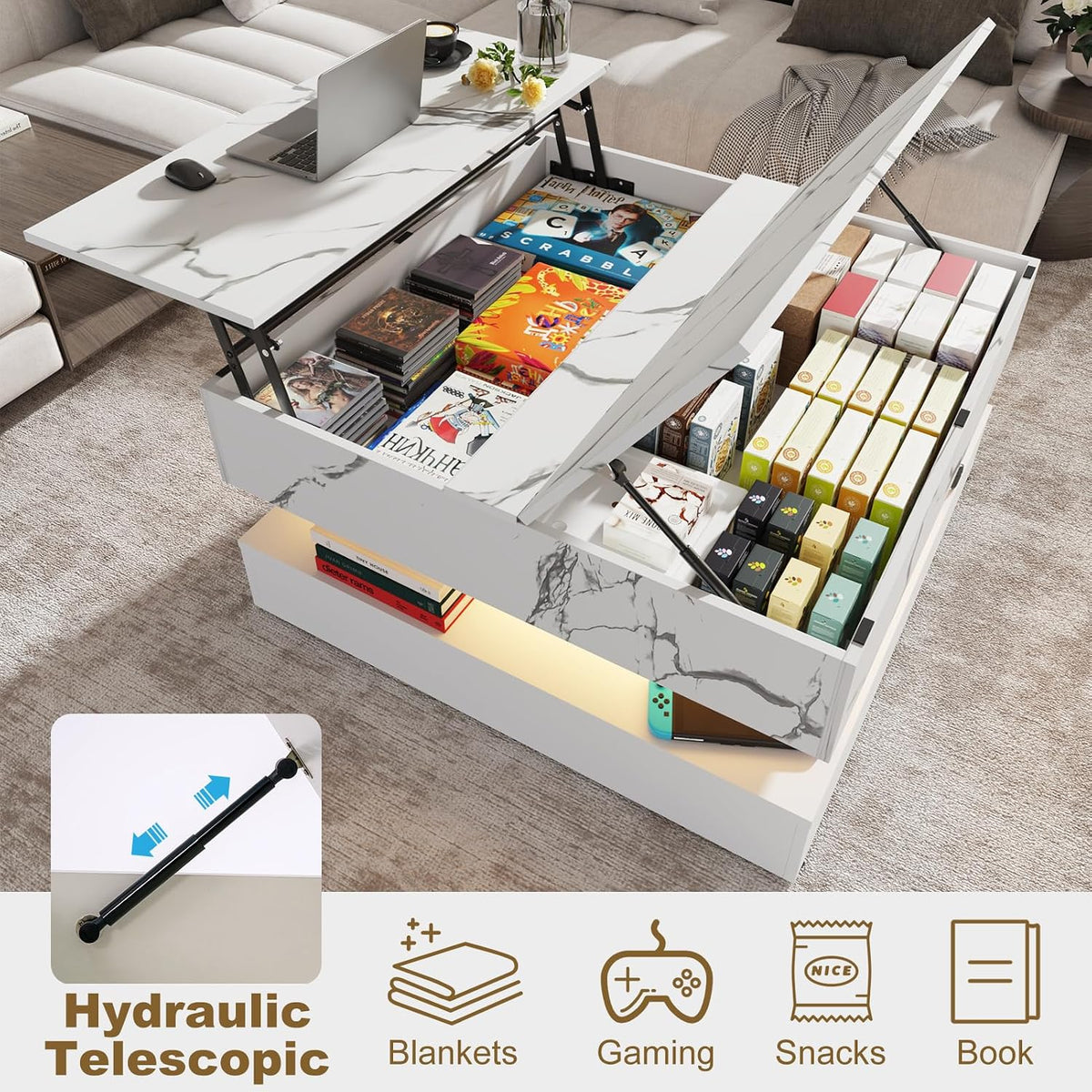 35.4' Large Square Coffee Table with Lifting top,Charging Station,Modern 2-Tier Square Center Table w/Hidden Compartment Storage,Tea Table with Wood Grain for Living Room, Office,White Marble