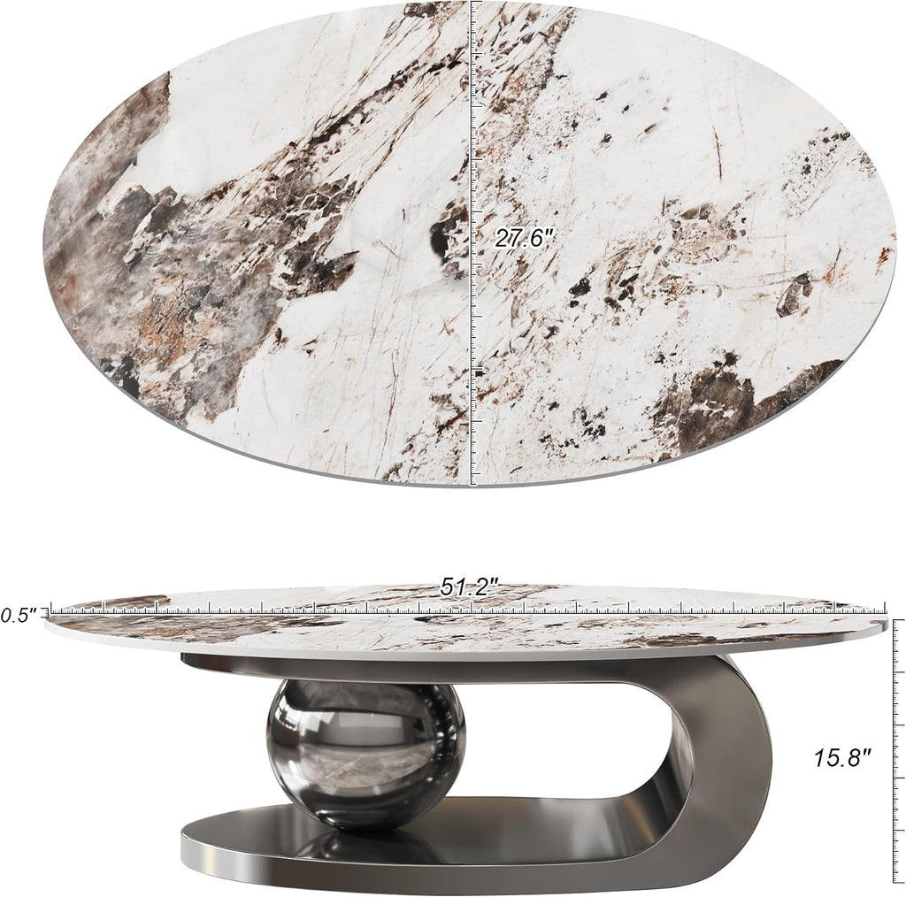 Henf Faux Marble Coffee Table for Living Room, 51 Inches Oval Imitation Marble Coffee Center Table with Silver Stainless Steel Base & Sintered Stone Tabletop
