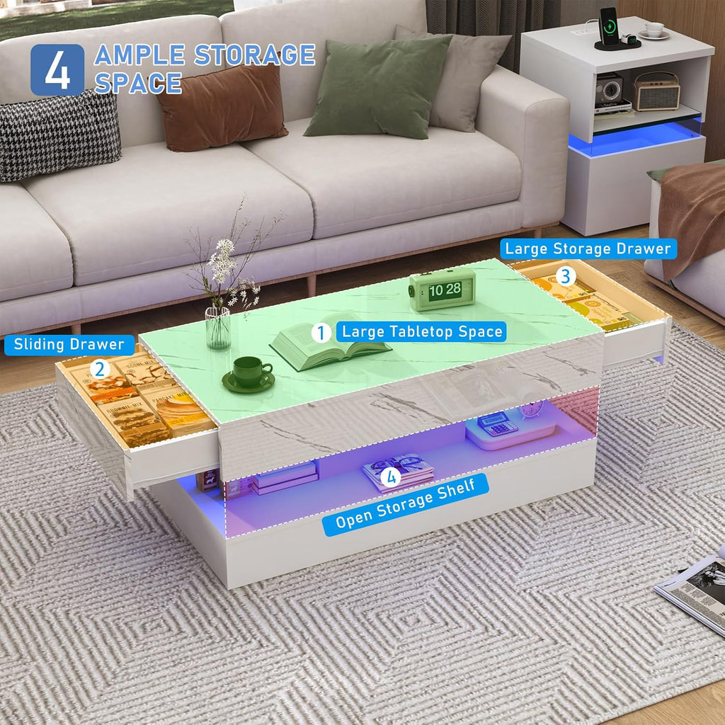 chartustriable 39.4' Large High-Glossy LED Coffee Table with 2 Sliding Drawers, Living Room Storage Coffee Tables with Marbling Print, Modern Stylish Double-Layer Center Tables w/LED Lights, White
