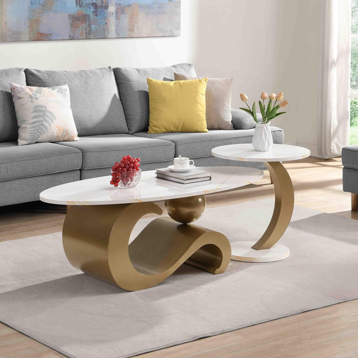 Faux Marble Nesting Coffee Table Set of 2,Modern Coffee Table Set with End Table,Oval Living Room Table with Gold Metal Base,White Marble Grain Top & 1 Drawer,Stack Tea Table Set