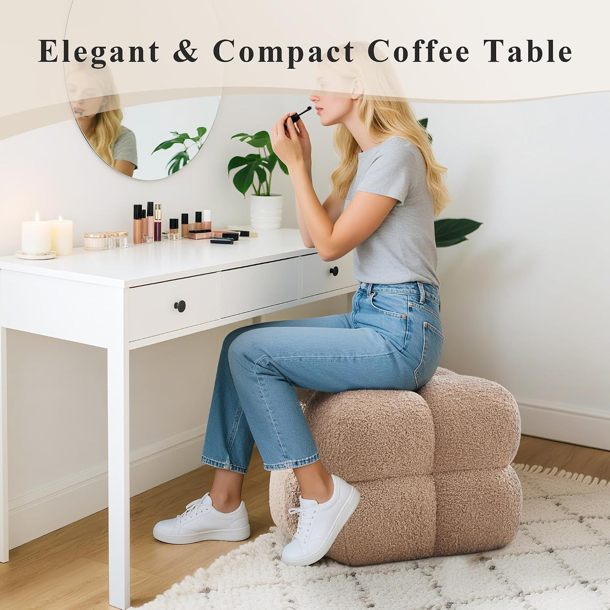 Square Ottoman Stool, Boucle Ottoman Coffee Table with with Full Coverage, Modern Vanity Stool, Upholstered Tufted Foot Rest Pouf for Bedroom, Living Room, Entryway, Tan