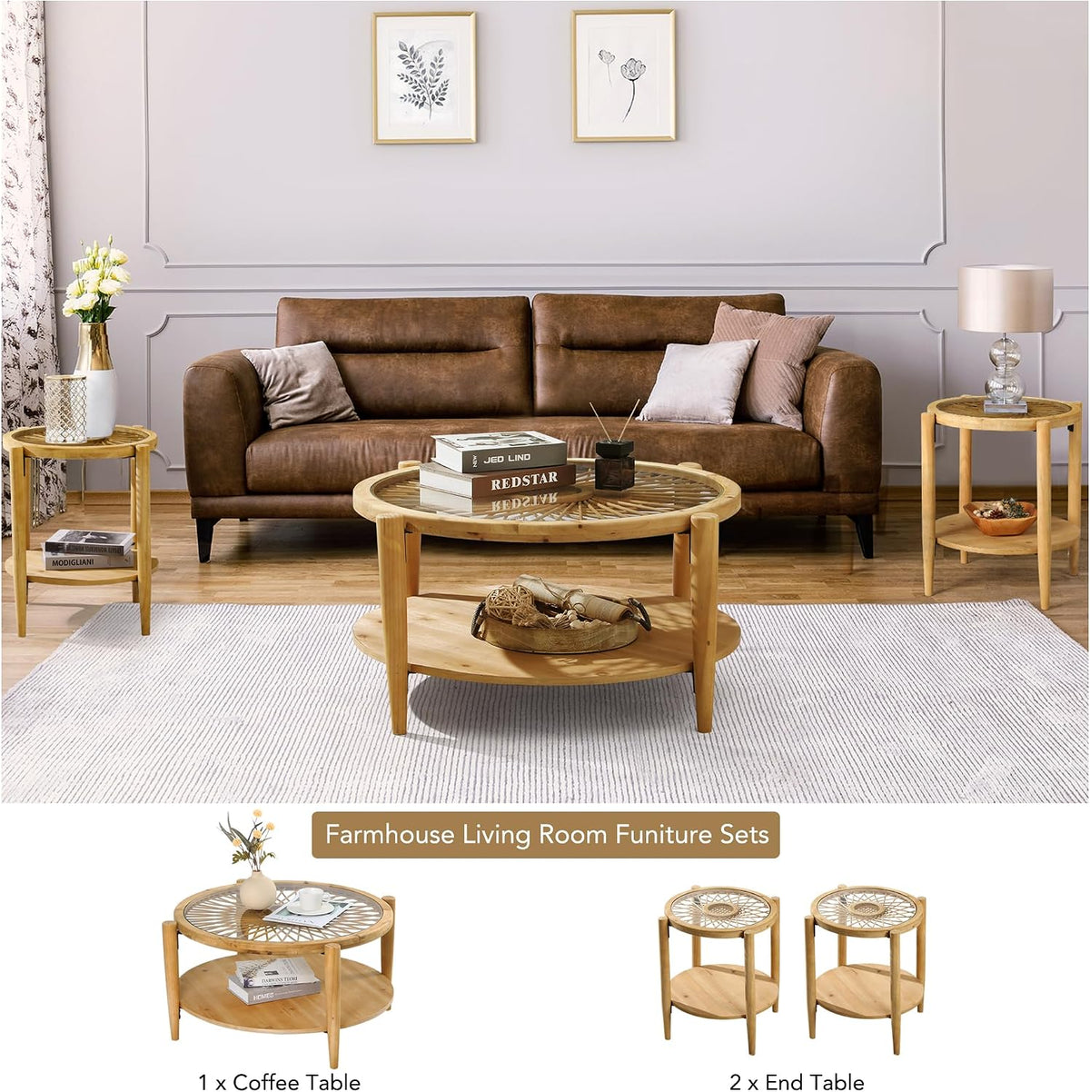 RUSTOWN Rattan Coffee Table Set of 3, Boho Living Room Table Set Includes Round Coffee Table & 2 End Tables, 3-Piece Accent Sofa Side Coffee Tables Set with Rattan & Tempered Glass Top (Natural)