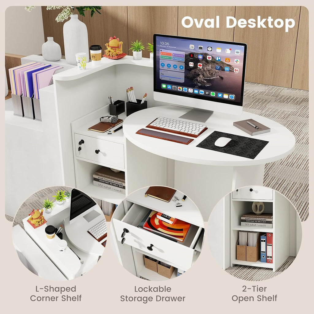 Reception Desk, Small Retail Checkout Counter with Lockable Drawer and Open Shelves, Wooden Front Desk Reception Counter, Oval Desktop & L Counter for Store Office Lobby Salon (White)