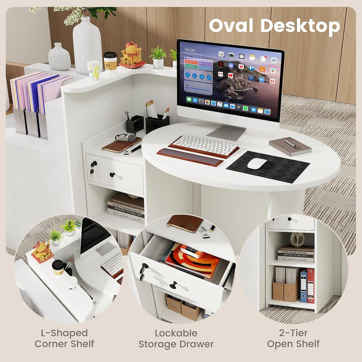Reception Desk, Small Retail Checkout Counter with Lockable Drawer and Open Shelves, Wooden Front Desk Reception Counter, Oval Desktop & L Counter for Store Office Lobby Salon (White)