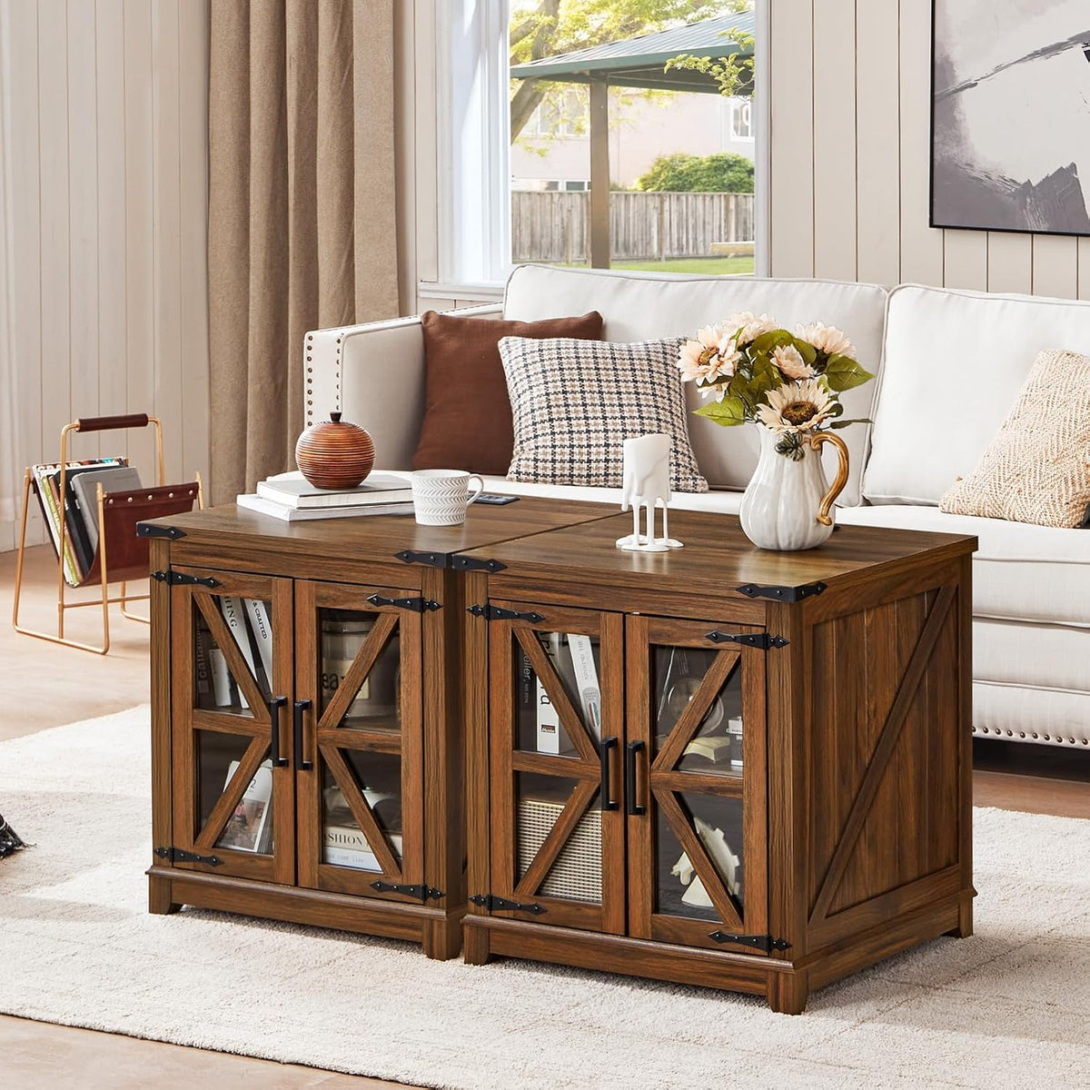 Joaxswe Farmhouse End Table with Charging Station, 24' Large Sofa Side Table with Glass Barn Door, Nightstand with Adjustable Storage Shelf,Wood Square Bedside Table for Living Room,Bedroom
