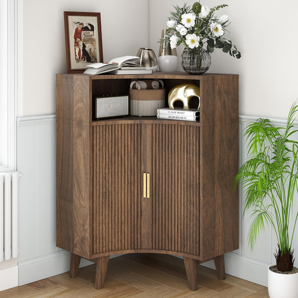 Fluted Corner Cabinet with Open Storage, Modern Floor Cabinets with Sliding Doors and 2-Tier Shelves, Freestanding Narrow Organizer for Small Space,Living Room, Dining Room,Walnut
