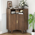 Fluted Corner Cabinet with Open Storage, Modern Floor Cabinets with Sliding Doors and 2-Tier Shelves, Freestanding Narrow Organizer for Small Space,Living Room, Dining Room,Walnut