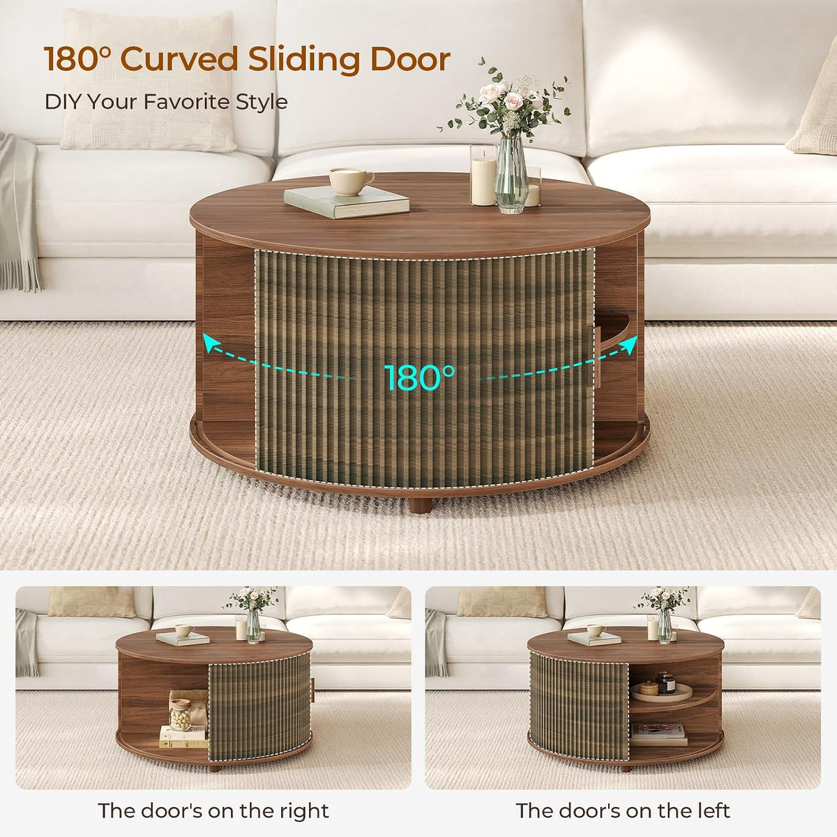 Round Lift Top Coffee Table, 34.6' Modern Coffee Table with 180° Curved Sliding Door, Fluted Accent Coffee Tables with Hidden Storage and Open Shelves, for Living Room, Office, Walnut