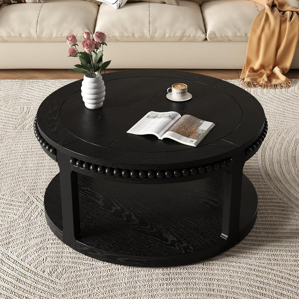 Round Coffee Table for Living Room 31.5' W Small Coffee Tables with Storage Shelf 2-Tier Modern Design Industrial Circle Wood Center Home Furniture Apartment Office Black