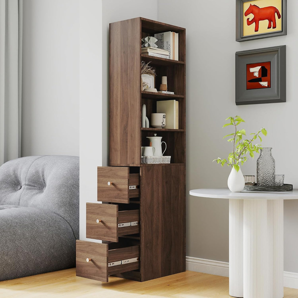 70.87' H Display Storage Cabinet, Narrow Wooden Corner Cabinet with 4-Tier Shelves and 3 Side Drawers, Tall Bookshelf and Bookcase for Living Room Home Office, Walnut