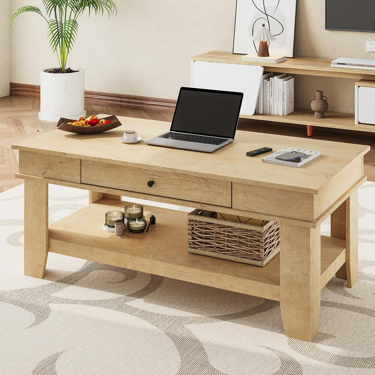 GarveeHome Light Oak Coffee Table 47.2' Center Table with Drawer and Storage Shelf, Large Coffee Tables Living Room Furniture, Sturdy and Easy to Clean, Holds 300 Pounds in Total