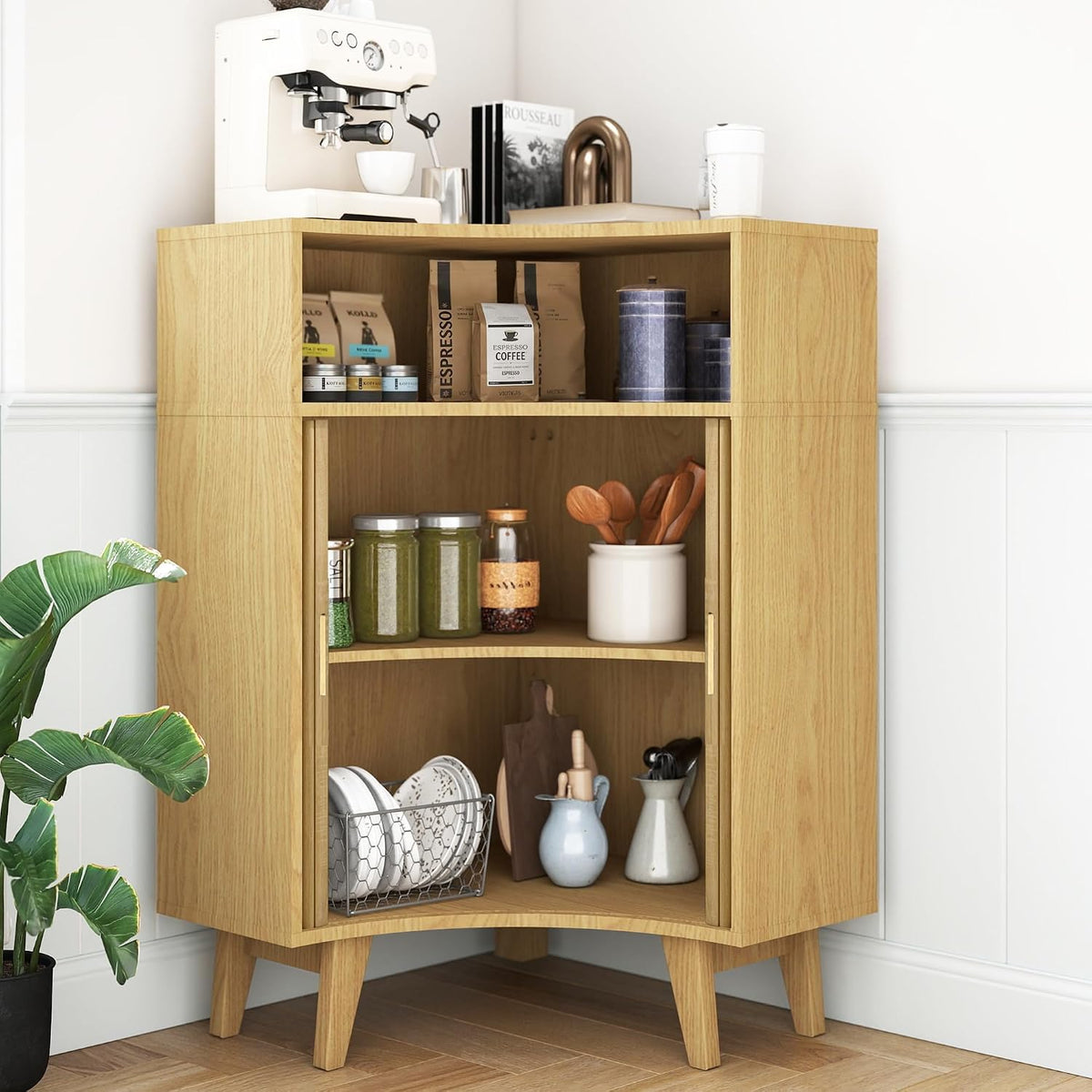 Fluted Corner Cabinet with Open Storage, Modern Floor Cabinets with Sliding Doors and 2-Tier Shelves, Freestanding Narrow Organizer for Small Space,Living Room, Dining Room,Natural
