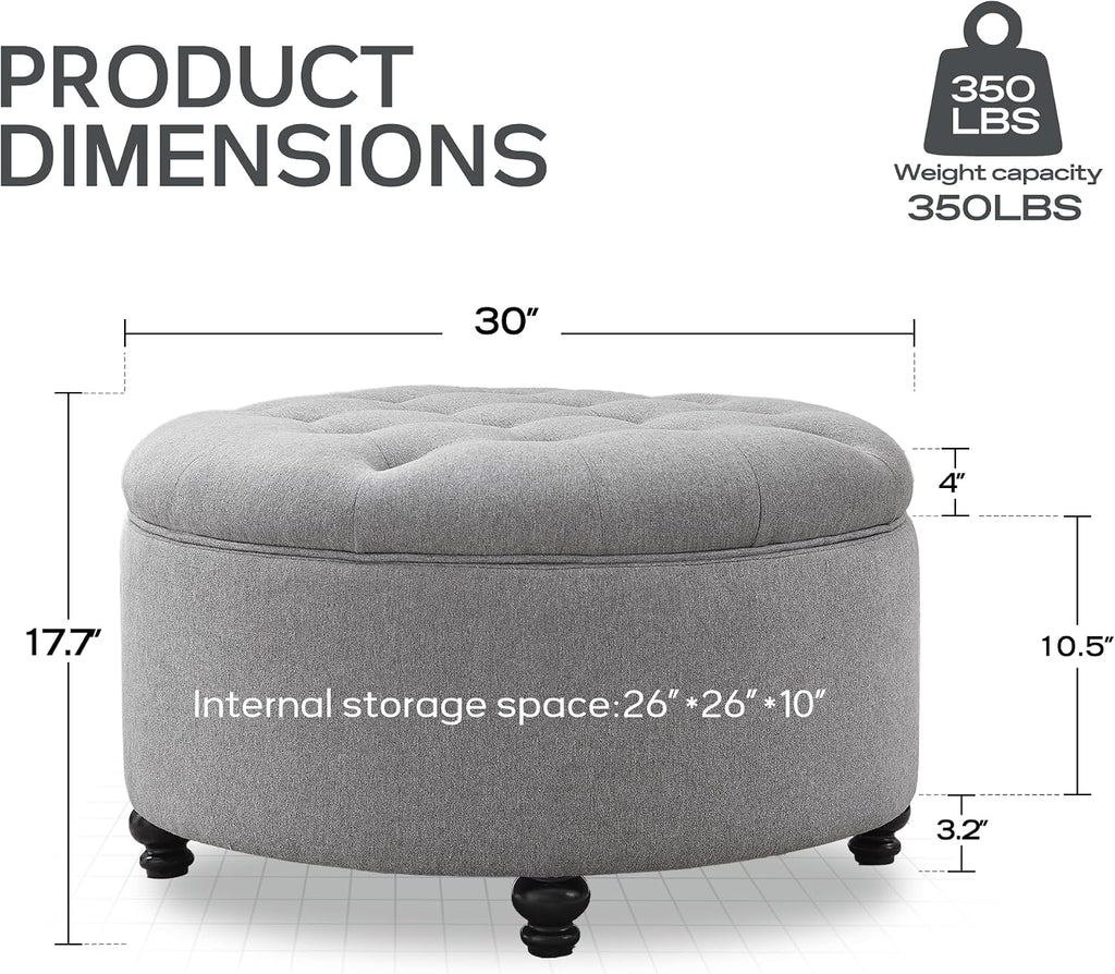 HUIMO 30-Inch Round Storage Ottoman, Modern Button Tufted Coffee Table with Removeable Top, Upholstered Ottoman with Storage Footrest Stool for Living Room, Bedroom and Office(Grey)