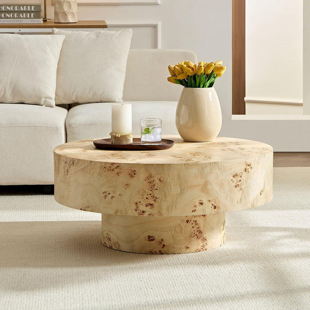 31.49' Round Coffee Table with Burl Wood Veneer & Sturdy Pedestal, Modern Luxury Circle Drum Center Table, Accent Side Table End Table for Living Room Apartment, Natural