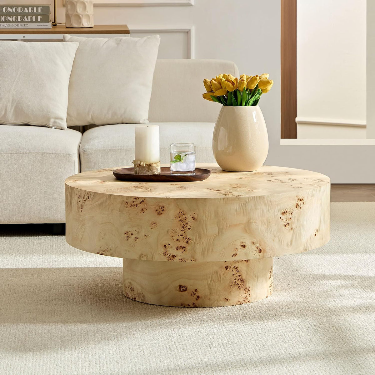 31.49' Round Coffee Table with Burl Wood Veneer & Sturdy Pedestal, Modern Luxury Circle Drum Center Table, Accent Side Table End Table for Living Room Apartment, Natural