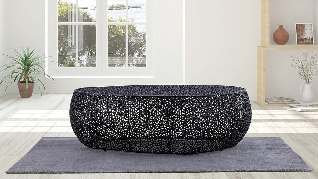 Oval Coffee Table with Iron Hollow Design in Black & Silver & Gold,Drum Tea Cocktail Table for Living Room No Assemble