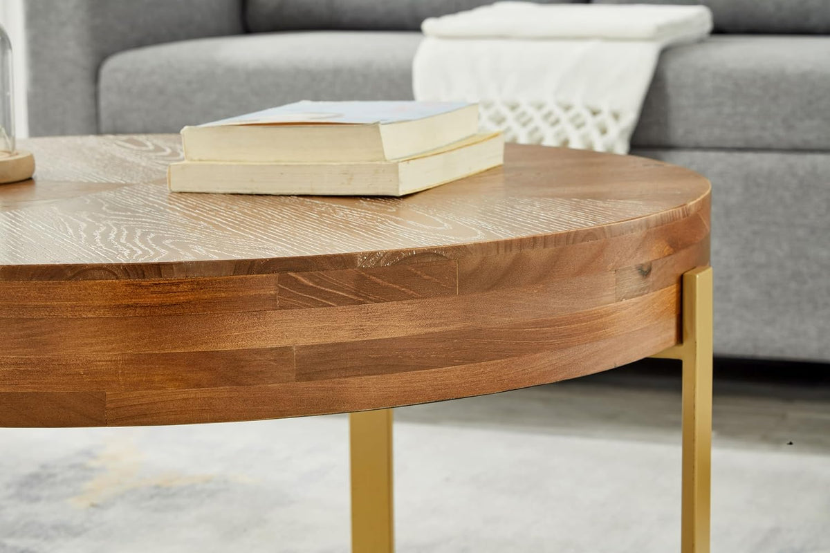 Gexpusm Round Wood Coffee Tables with Metal Leg, Farmhouse Circle Coffee Table for Living Room, Rustic Mid-Century Wooden Coffee Tables for Apartment, Easy Assembly(32' Dx32 Wx18 H)