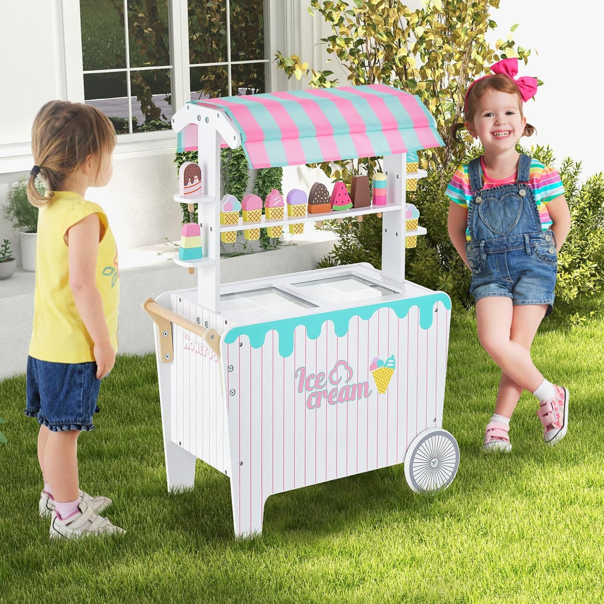 Costzon Ice Cream Cart Playset, Wooden Grocery Store w/Display Rack & Shelves, Frozen Compartment, 2 Large Wheels, Push Handle, 16 PCS Play Food, Toddler Ice Cream Trunk Toy Set for Boys Girls 3+