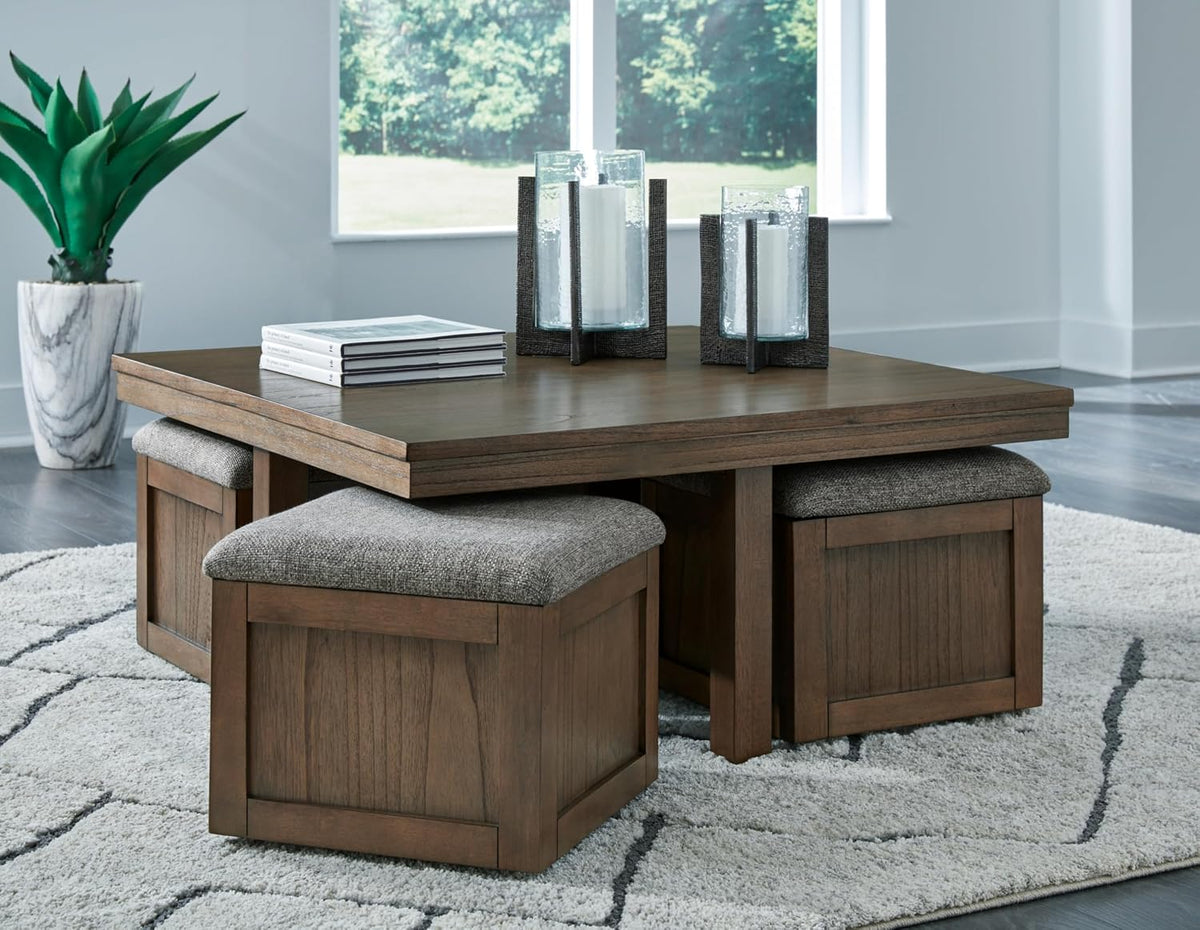 Signature Design by Ashley Boardernest Casual Coffee Table with 4 Storage Stools, Dark Brown