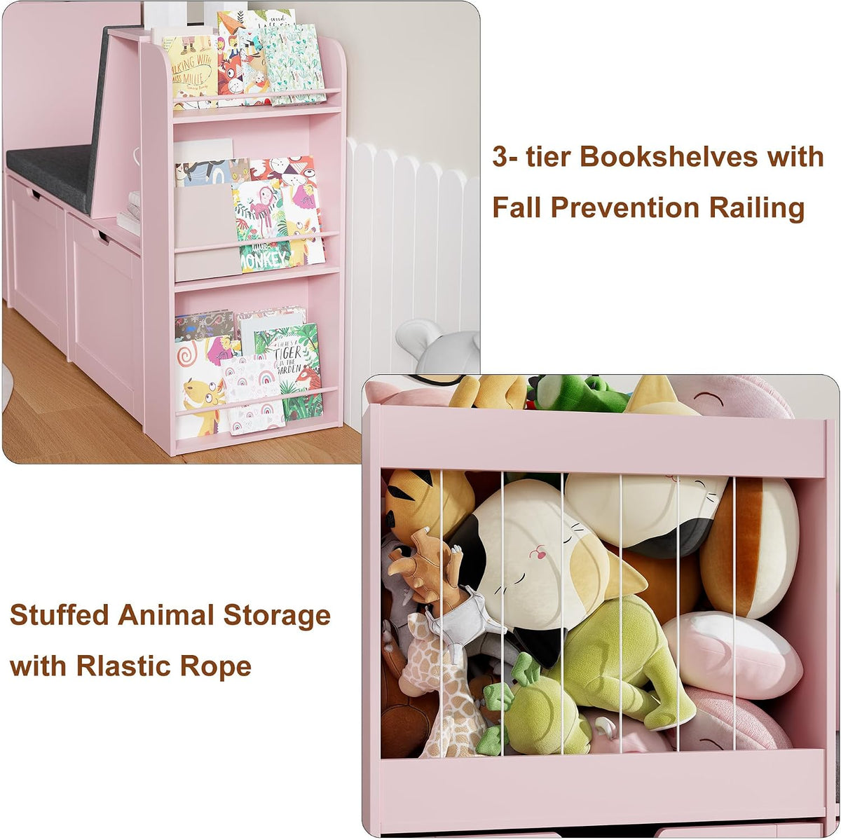 66.9' Kids Reading Nook, Toy Storage Organizer with Stuffed Animal Storage, Bench and Removable Cushions, Wooden Toddler Bookshelf with 3 Movable Drawers for Nursery, Playroom (Pink)