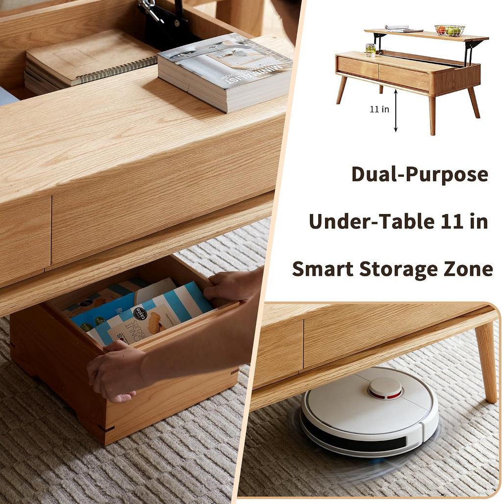 47.24' Lift Top Solid Wood Coffee Table with Storage Drawers & Hidden Compartment, Natural Wood Coffee Table for Living Room, Large Pop-Up Center Table for Home Office, Easy Assembly