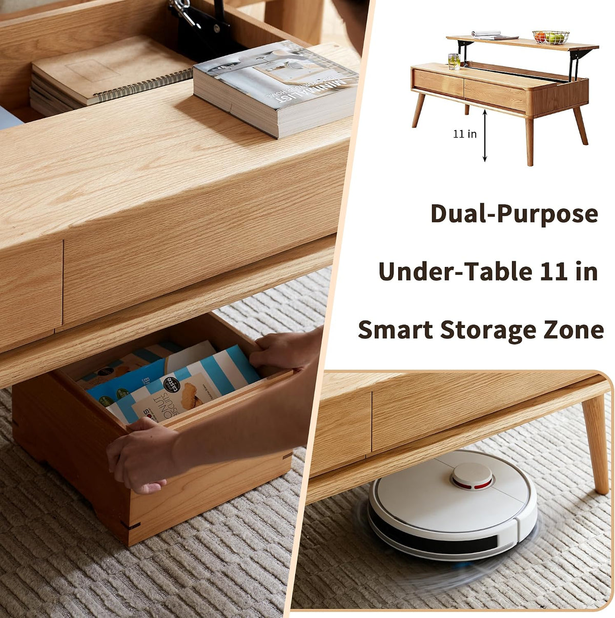 47.24' Lift Top Solid Wood Coffee Table with Storage Drawers & Hidden Compartment, Natural Wood Coffee Table for Living Room, Large Pop-Up Center Table for Home Office, Easy Assembly