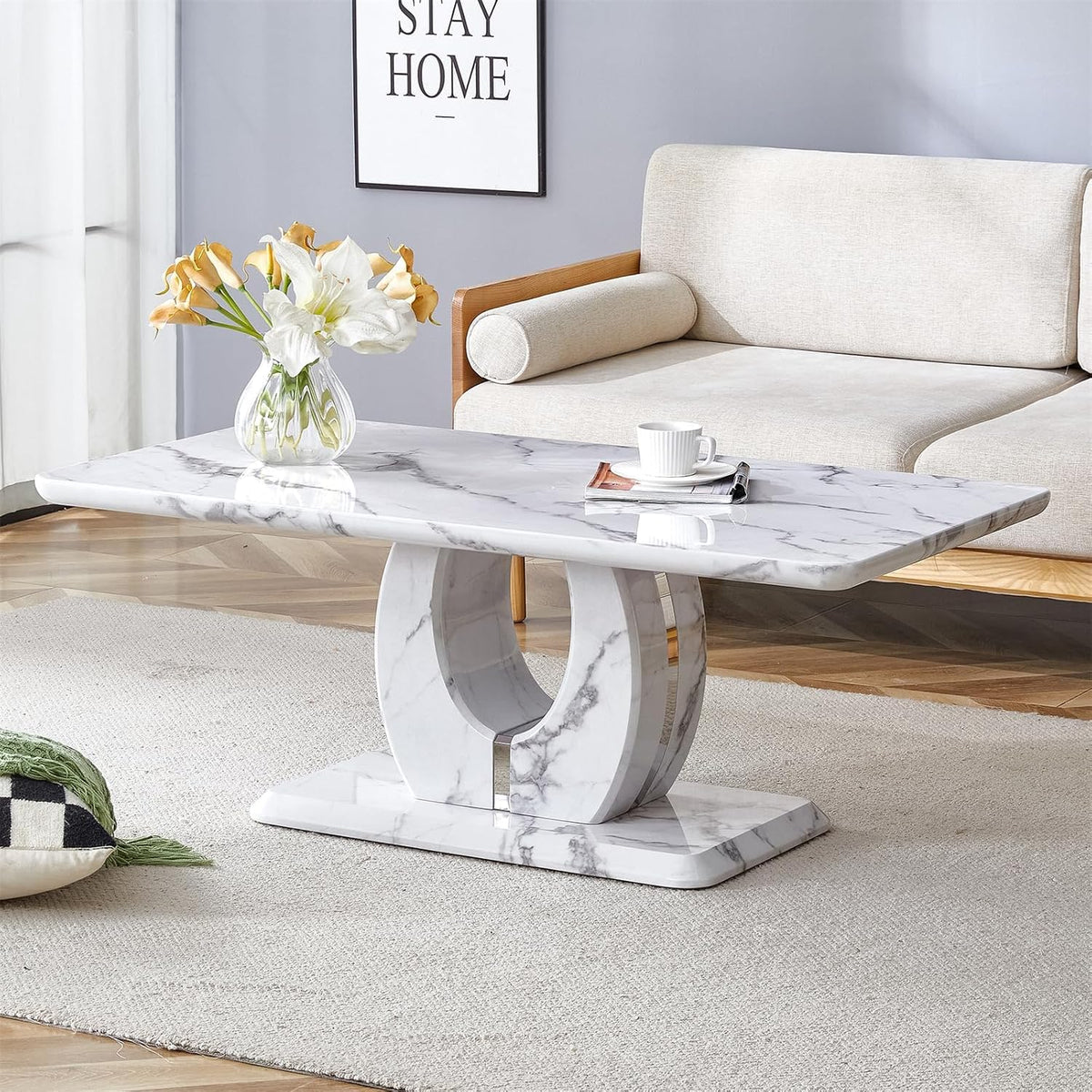 LKTART Rectangle Coffee Table for Living Room, Imitation Marble Coffee Tables with Storage, Modern Stable Base Center Tea Table for Dining Room Small Space Apartment (43.3''L×22.4''W-White)